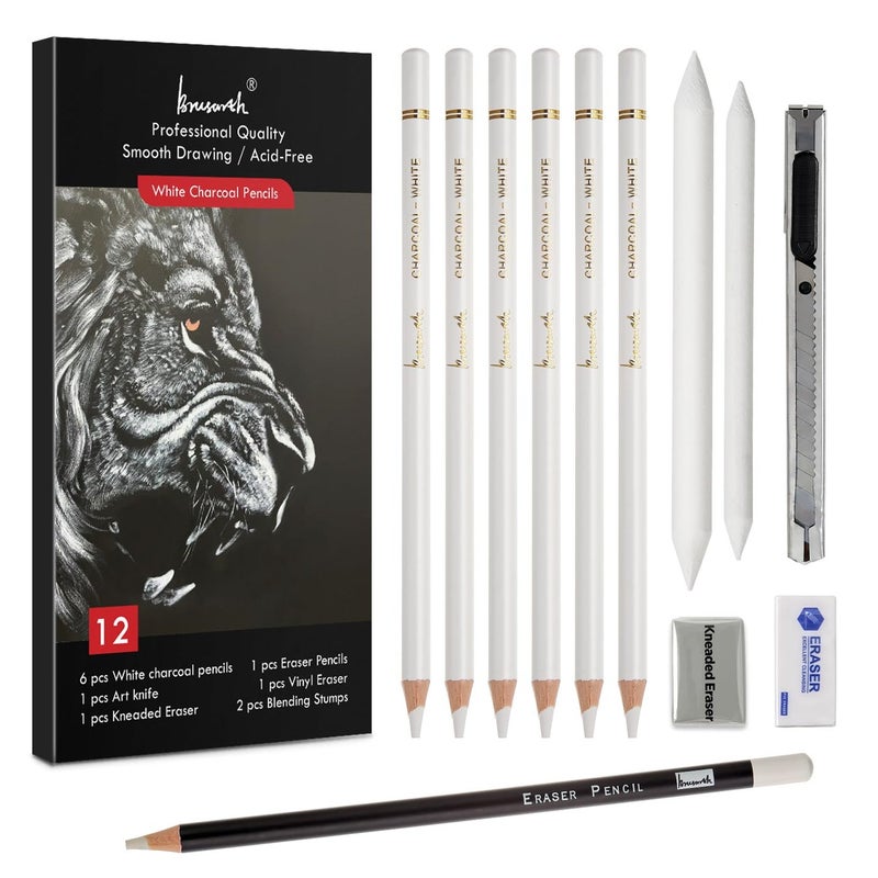 Brusarth White charcoal Pencils Set - 12 Piece Sketch Highlight White Pencils Set for Drawing, Sketching, Shading, Blending, Artist Pencils for Artists, Professionals or Beginners - Image 1